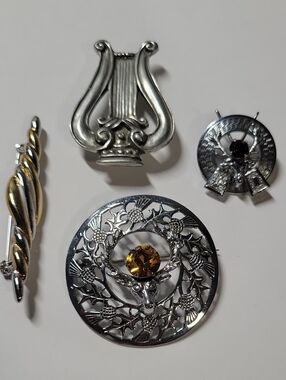 Silver Tone Stag Thistle Brooch Lot